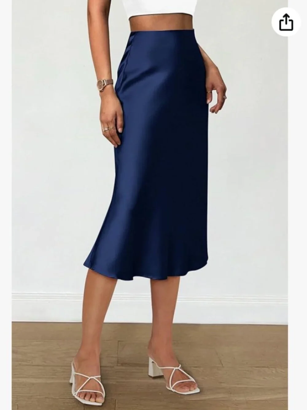 Navy Blue Stretch Satin Midi A-Line Skirt Size XL NWT - Picture 3 of 10